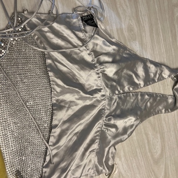 Polly metal silver aluminum mesh  back lace halter top - partially lined - Picture 2 of 4